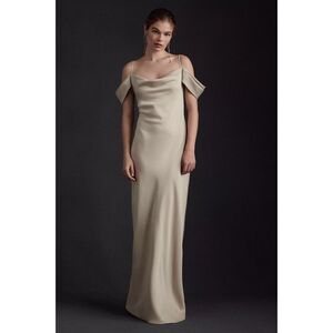 Anthropologie x BHLDN Ira Satin Charmeuse Draped Maxi Dress Champagne Sz 10